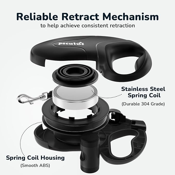 Pecute 32ft Retractable Dog Leash with Reflective Strips, 360° Tangle-Free, One-Button Control & Sturdiness Nylon Material, Long Leash Retractable with Poop Bag Holder for Medium Large Dog