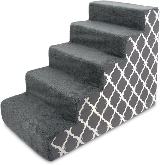 Best Pet Supplies Dog Stairs for Small Dogs & Cats, Foam Pet Steps Portable Ramp for Couch Sofa and High Bed Non-Slip Balanced Indoor Step Support, Paw Safe No Assembly - Gray Lattice Print, 5-Step