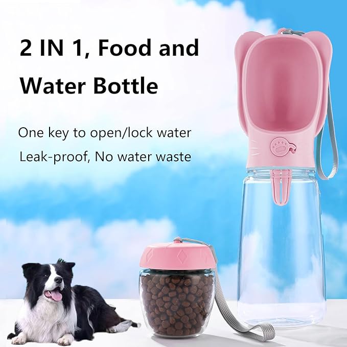 DomKim Portable Dog Water Bottle with Food Container for Small Medium Dogs Walking Jogging, Traveling Puppy Water Dispenser Bowls Non Spill, Pink Beach Accessories Stuff Pink, 18.6 oz (550ml)