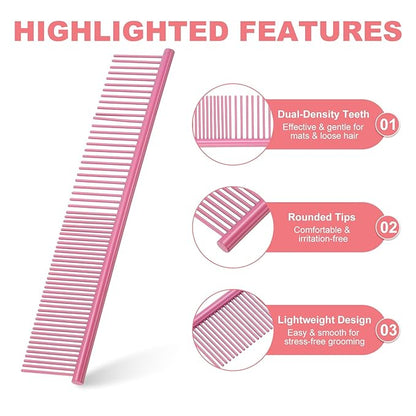 Dog Cat Comb, Pet Combs Stainless Steel Teeth with Rounded Ends for Knots Mats Loose Hair Removal, 7.5IN (Pink Coated, 3 Pack), Grooming Tool Intended for Long Curly Hair Pet