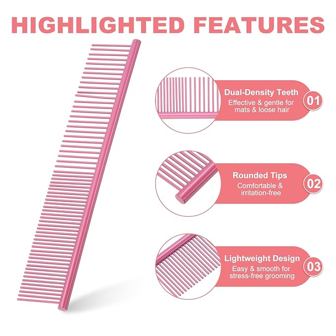 Dog Cat Comb, Pet Combs Stainless Steel Teeth with Rounded Ends for Knots Mats Loose Hair Removal, 6.5/7.5IN (Pink Coated, 2 Pack), Grooming Tool Intended for Long Curly Hair Pet