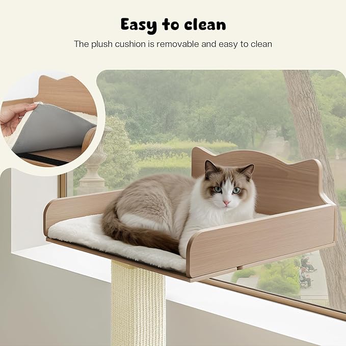 Cat Window Perch with Thick Sisal Scratching Post, Cats Hammock for Window with 3 Upgrade Suction Cups, 55" Adjustable Tall Cat Scratching Post with Large Perch, Cats Window Bed with Fluffy Cushion