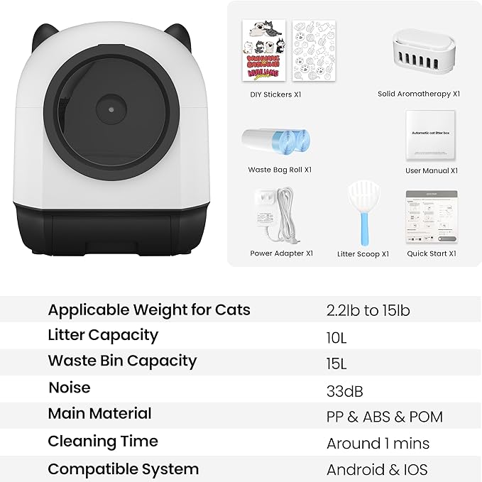 Realbear Automatic Cat Litter Box Self Cleaning Litter Box Large Capacity for Multiple Cats, App Control with Safety Sensors, Includes Scent Cartridge & 2 Roll Garbage Bags (White)
