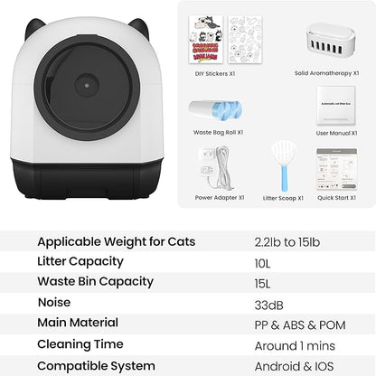 Realbear Automatic Cat Litter Box Self Cleaning Litter Box Large Capacity for Multiple Cats, App Control with Safety Sensors, Includes Scent Cartridge & 2 Roll Garbage Bags (White)