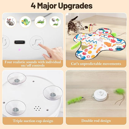 Interactive Cat Toys, Automatic Hide and Seek Cat Toys for Indoor Cats with 4 Lifelike Sounds, Touch Activated, Motorized Wand Feather, and Moving Butterfly for Bored Adult Kitten Cats