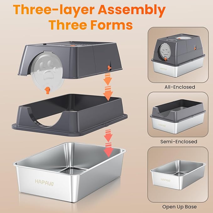 135° Flip-Top Stainless Steel Litter Box with Lid, Extra Large Enclosed Cat Litter Box, Metal Litter Pan with Front & Top Entry, Odor Control, Scoop & Filter Pedal
