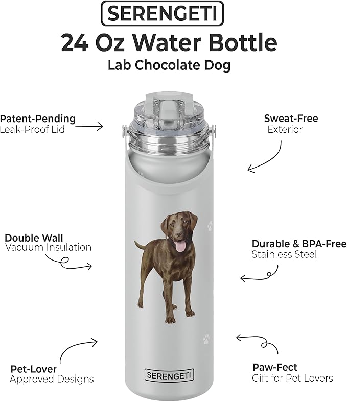 E&S Pets SERENGETI 24 Oz Water Bottle Stainless Steel with Spill Proof Lid - Double walled Vacuum Insulated water flask - Realistic 3D Print of your favorite dog (Labrador Chocolate)