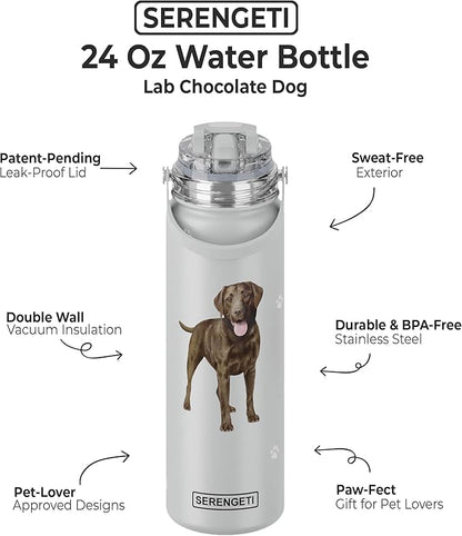 E&S Pets SERENGETI 24 Oz Water Bottle Stainless Steel with Spill Proof Lid - Double walled Vacuum Insulated water flask - Realistic 3D Print of your favorite dog (Labrador Chocolate)