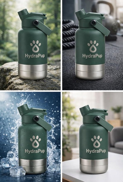 32oz Insulated Water Bottle with Dog Bowls – Human & Pet Shared Use, Stainless Steel Leakproof Travel Bottle (Forest Green)