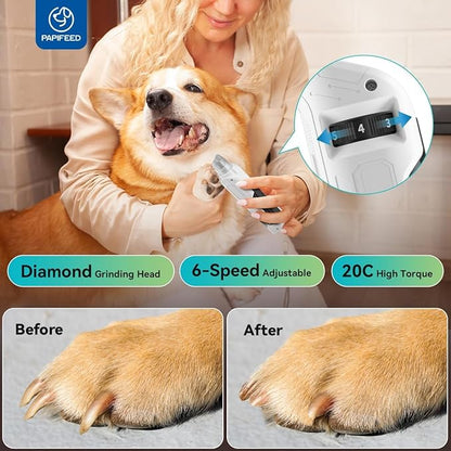 PAPIFEED Dog & Cat Nail Grinder, 6-Speed High Torque Electric Pet Nail Trimmer Kit with LED Light, Dust Collection, Quiet Cordless Rechargeable Type-C, Safe for Small/Medium/Large Dogs, Cats & Puppies