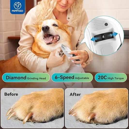 PAPIFEED Dog & Cat Nail Grinder, 6-Speed High Torque Electric Pet Nail Trimmer Kit with LED Light, Dust Collection, Quiet Cordless Rechargeable Type-C, Safe for Small/Medium/Large Dogs, Cats & Puppies