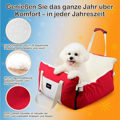 SIVES Dog Car Seat for Small Dogs, Soft Booster Seat Travel Bed with Side Flaps, Non-Slip Base, Seat Belt Straps + Safety Tether, Storage Pocket, Washable Cushion, Recommended Up to 33 lbs, Red