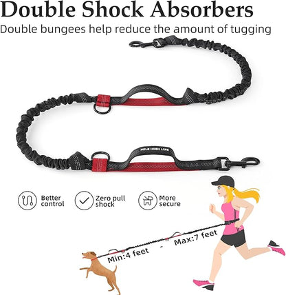 Mile High Life Hands Free Waist Leash for Dog Running Training and Jogging, Adjustable Belt with Double Handle, Reflective Bungee for Medium Large Dogs (Red, 7FT)