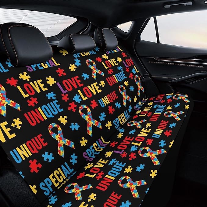 Car Interior Decor Seat Cover, Fashion Universal Stretch Back Seat Protector, Car Accessories Rear Bench Seat Covers for Trucks SUV Compatible with Autism Awareness Ribbon