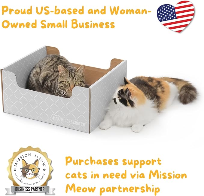 Hide & Scratch Cardboard Cat Scratcher Box & Bed - Light Grey Diamond | Double-Sided Corrugated Pad for Indoor Cats | Refillable Scratching Board Toy for Play & Furniture Protection