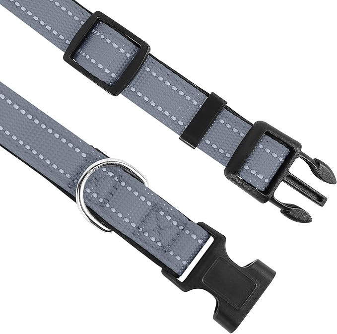 Reflective Dog Collar, Adjustable Soft Neoprene Padded Nylon Pet Collars with Buckle for Small Dogs, Gray,S