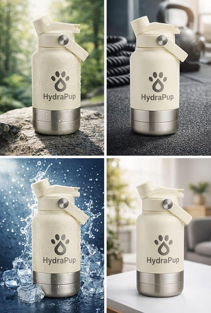 32oz Insulated Water Bottle with Dog Bowls – Human & Pet Shared Use, Stainless Steel Leakproof Travel Bottle (Cream White)