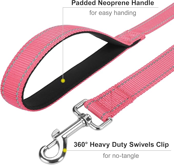 Reflective Dog Leash 6ft Soft Padded Handle Nylon Lead for Medium & Large Dogs, Durable Walking Training Leash for Night Safety (Neon Pink,1Inch Wide)