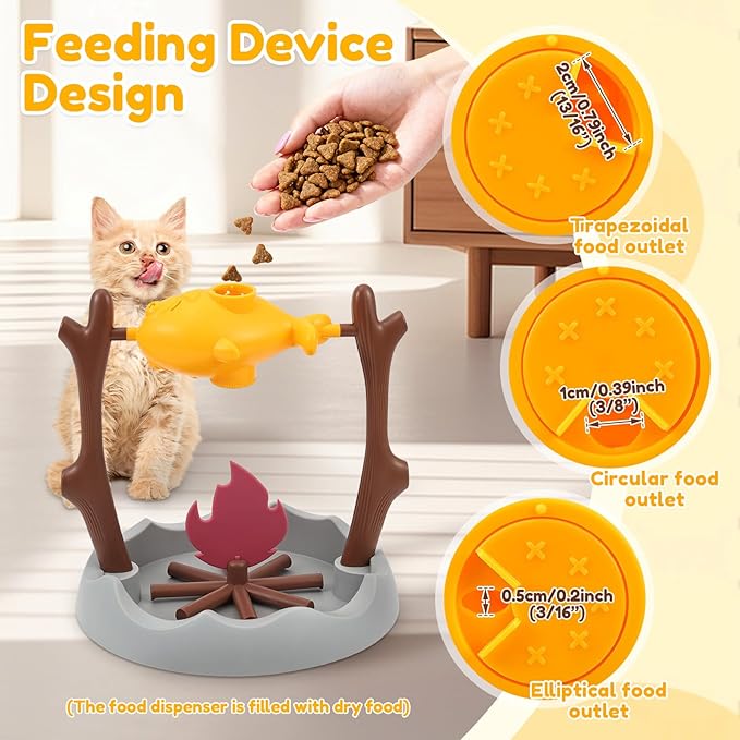 Cat Puzzles Feeder Toy, Cat BBQ Toy Treat Dispensing Slow Feeder Bowl Unique Rotatable Fish and Flame Cognitive Training Game Enrichment Interactive Stimulation Toys for Indoor Kitty