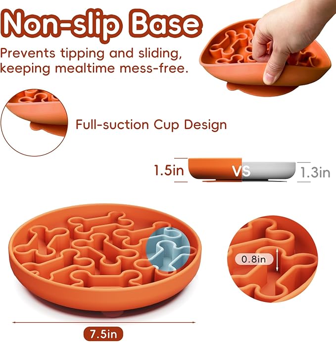 Silicone Slow Feeder Dog Bowl – Orange Bone Pattern | Food-Grade Non-Slip Dog Dish for Anti-Bloat, Fast Eating Prevention, 7.5” x 1.5”, Dishwasher Safe