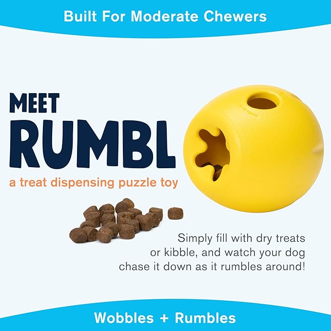 WEST PAW Zogoflex Rumbl Treat-Dispensing Dog Toy – Interactive Slow-Feeder Chew – Enrichment Toy Moderate Chewers, Fetch, Catch – Holds Kibble, (Dandelion Yellow, Large)