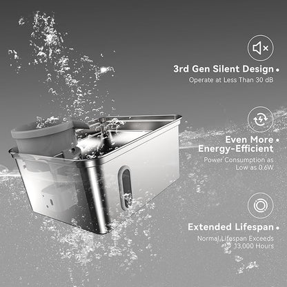 Dog Water Fountain, 8L/2.1Gallon/270oz Dog Fountain Water Bowl - Stainless Steel Ultra-Quiet Pet Water Dispenser with Water Level Window & Large Drinking Area