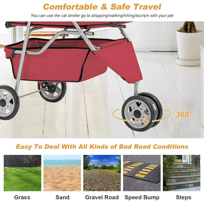 BestPet 3-Wheel Pet Stroller for Dogs & Cats - Folding Travel Carrier with Cup Holder & Removable Liner, Red
