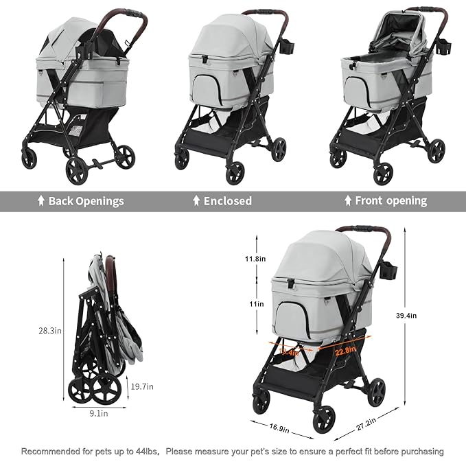NO-Zip Pet Stroller for Small Dogs & Cats, Lightweight Dog Stroller with Reflective Safety Strips, One-Hand Fold, Claw-Proof Mesh, Breathable Travel Carriage, 33lbs Capacity, Gray