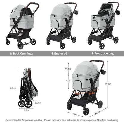 NO-Zip Pet Stroller for Small Dogs & Cats, Lightweight Dog Stroller with Reflective Safety Strips, One-Hand Fold, Claw-Proof Mesh, Breathable Travel Carriage, 33lbs Capacity, Gray