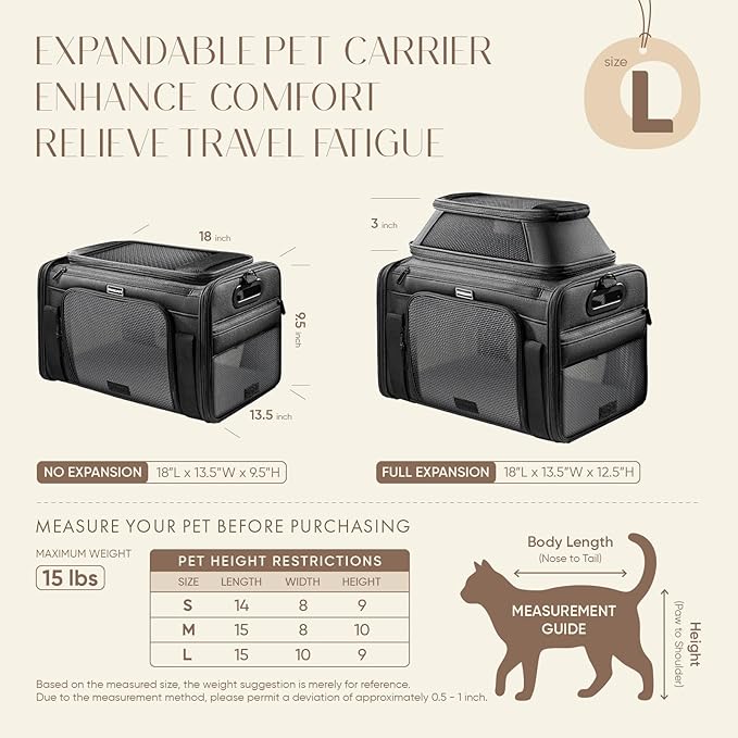 Top-Expandable Pet Carrier with Treat & Pet Window,18x13x9.5 Inch Southwest Frontier Airline Approved,Soft-Sided Dog Carrier for Small Dogs and Cats,Travel Cat Carrier with Locking Safety Zippers