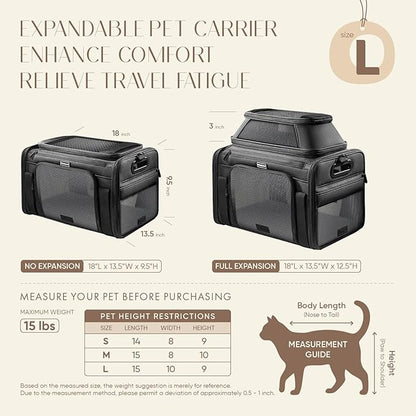 Top-Expandable Pet Carrier with Treat & Pet Window,18x13x9.5 Inch Southwest Frontier Airline Approved,Soft-Sided Dog Carrier for Small Dogs and Cats,Travel Cat Carrier with Locking Safety Zippers