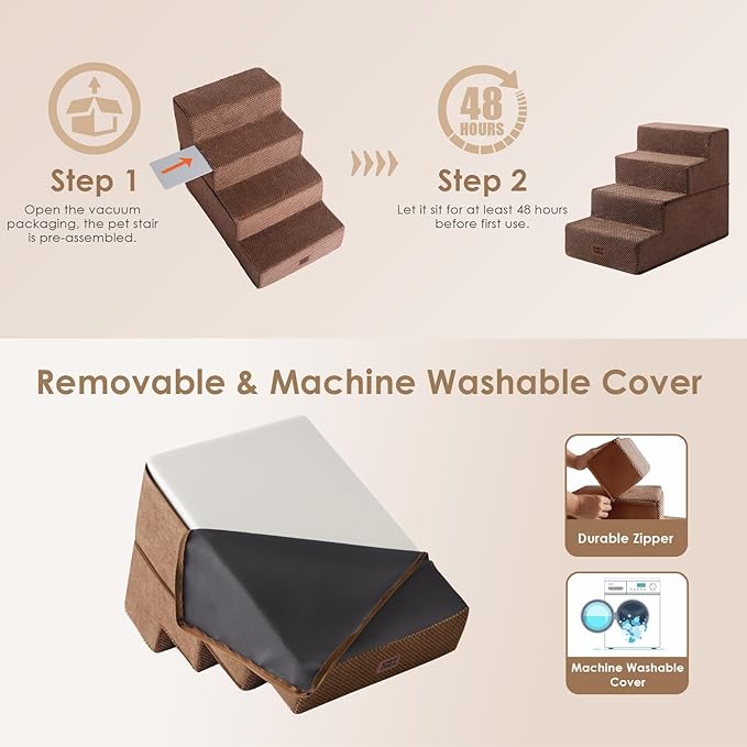 EHEYCIGA Dog Stairs for Bed 18" H, 4-Step Dog Steps for High Bed, Pet Steps for Small Dogs and Cats, Non-Slip Balanced Pet Indoor Ramp, Brown