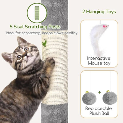 Globlazer Cat Tree Tower with 2 Cat Condos for Multiple Indoor Cats, 52in Multi-Level Plush Cat Condo Tower with 5 Sisal Scratching Posts, 2 Padded Perches, Big Basket, Widened Base, S52, Light Grey