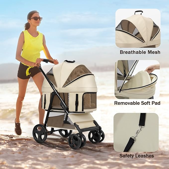 4 Wheels Pet Stroller for Small/Medium Dogs and Cats,Dog Stroller with Detachable Carrier and Storage Basket,One Click Folding, Compact Portable,Up to 50lbs,3 in1 Multifunctional(Grey)