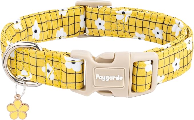 Faygarsle Floral Plaid Pattern Dog Collar, Yellow with White Flowers Summer Spring Design for Small Medium Large Dogs L