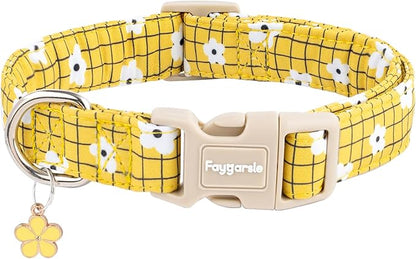 Faygarsle Floral Plaid Pattern Dog Collar, Yellow with White Flowers Summer Spring Design for Small Medium Large Dogs L