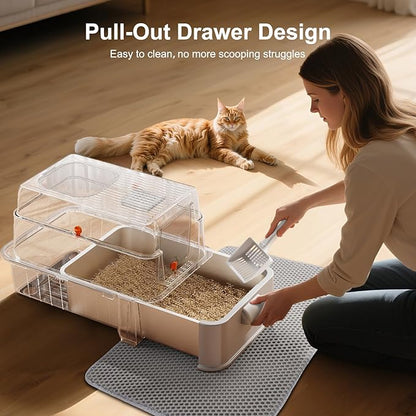FURTIME Stainless Steel Litter Box with Lid, XL Extra Large Cat Litter Box for Big Cats, Enclosed Drawer Metal Litter Boxs with High Sided, Include Scoop & Mat, Front & Top Entry, Odor Free, Non-Stick