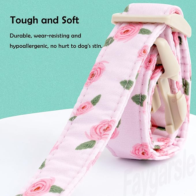 Faygarsle Pink Floral Dog Collar with Roses Pattern, Spring Summer Design for Small Medium Large Dogs S