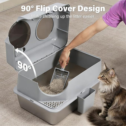 Stainless Steel Litter Box with Lid, XL Large Enclosed Cat Litter Box for Big Cats, Metal Cat Litter Box with High Sided, Anti-Leakage,Front & Top Entry,Includes Mat & Scoop