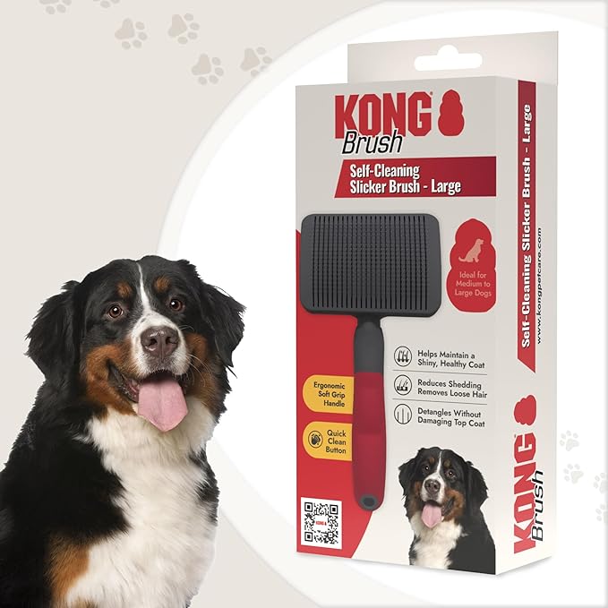 KONG Large Self-Cleaning Slicker Brush – Easy Hair Removal, Reduces Shedding, Non-Slip Grip, Long Metal Pins, for Medium to Large Dogs with Medium to Long Coats, Red/Gray