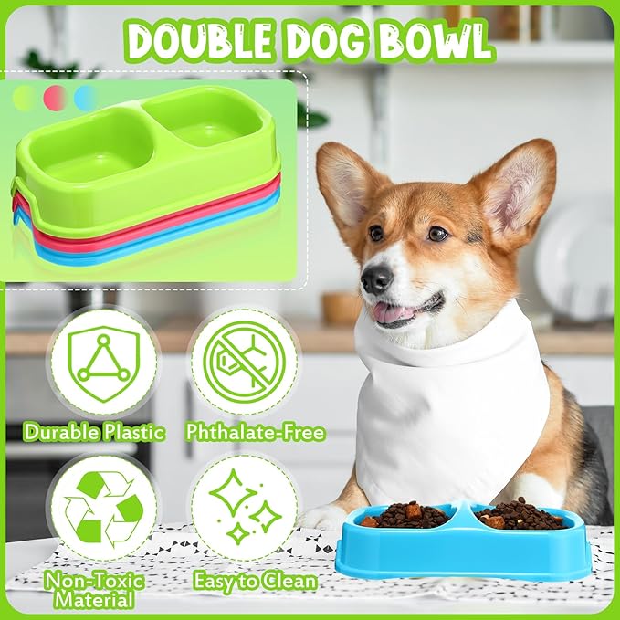 Hsei 12 Pieces Plastic Cat Dog Food Water Bowl Set Double Pet Dog Food Bowl for Kennel Cattery Small Medium Size Cats Puppies, 3 Assorted Colors (11.25 x 5.9 x 3.03 Inch)