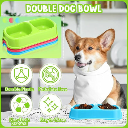 Hsei 12 Pieces Plastic Cat Dog Food Water Bowl Set Double Pet Dog Food Bowl for Kennel Cattery Small Medium Size Cats Puppies, 3 Assorted Colors (11.25 x 5.9 x 3.03 Inch)