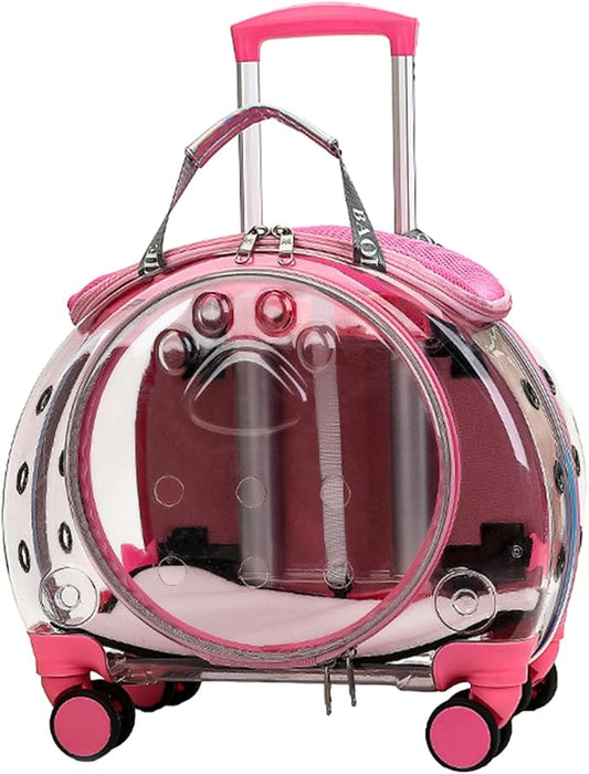 Pet Carrier with Wheels for Cats and Dogs, Clear Hard-Shell Rolling Pet Carrier with Retractable Handle, Airline-Approved Travel Carrier, Portable Cat and Dog Stroller (Pink)