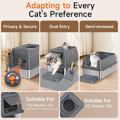 Extra Large Stainless Steel Litter Box with Lid, High Sided Enclosed Metal Cat Litter Pan, Dog Proof Front Entry Top Exit, Odor Control Easy Clean Leak Proof, Includes Mat, Scoop & Step, Grey