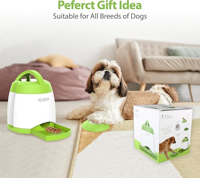 PETGEEK Dog Food Dispenser Toy, Interactive Pet Toys Treat Dispensing for IQ Training, Automatic Dog Treat Dispenser with Button Remote Push, Dual Power Supply for Indoor Outdoor Use, Green Color