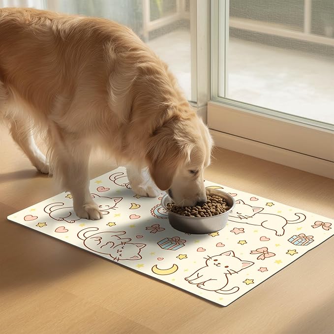 Cute Sweet Cat Food Mat for Dog Food Mat Food and Water Bowl Pet Feeding Bowl Mats for Pet Feeding Areas Easy Clean Fast Dry Feedings Pad Cats, Kittens & Small Dogs 24" x 16"