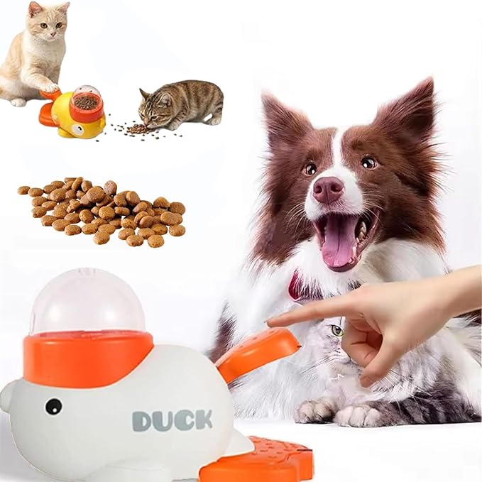 Duck Cat Treat Dispenser, Duck Puzzle Feeder for Cats, Duckie Cat Feeder, Yellow DuckDog Treat Dispenser, Food Dispenser Toy with Button, 2-in-1 Interactive Toy & Slow Feeder (White)