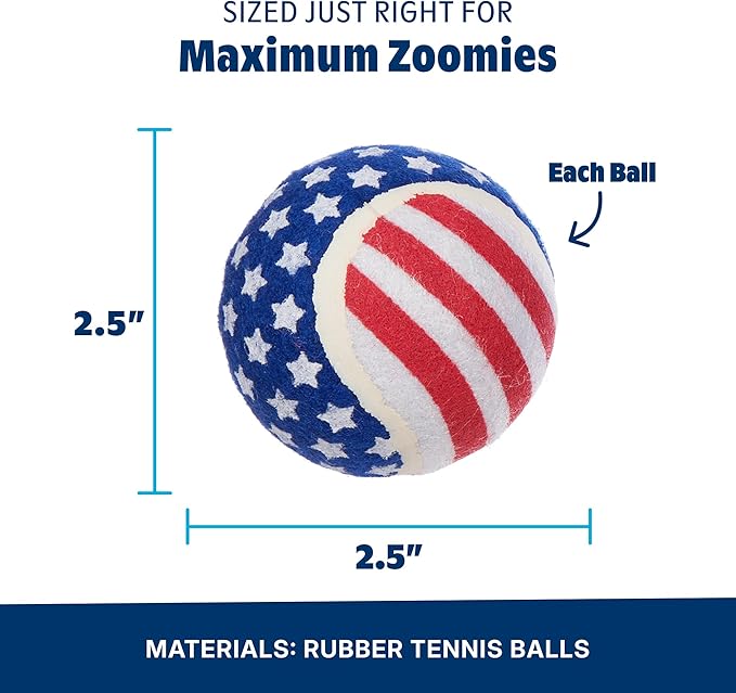 Barkbox Fetch of July Rubber Tennis Balls for Dogs & Puppies | Patriotic Trio of Squeaky Fetch Balls for Bounce, Chase & Play | Durable, Festive & Fun for Playful Pups