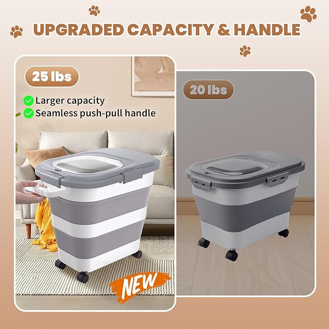 23-25 Lbs Airtight Dog Food Storage Container,Collapsible Dog Food Container with Lid,Wheels,Handle,Large Pet food storage Container with Scoop,Small Food Container for Dog Cat