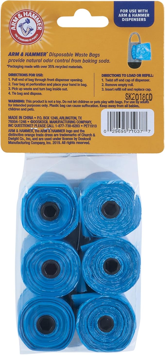 Arm & Hammer Easy-Tear Disposable Dog Poop Bag Refills, Fresh Scent Odor Control, Blue, 90 Dog Poop Bags 7 x 2.5 Inches